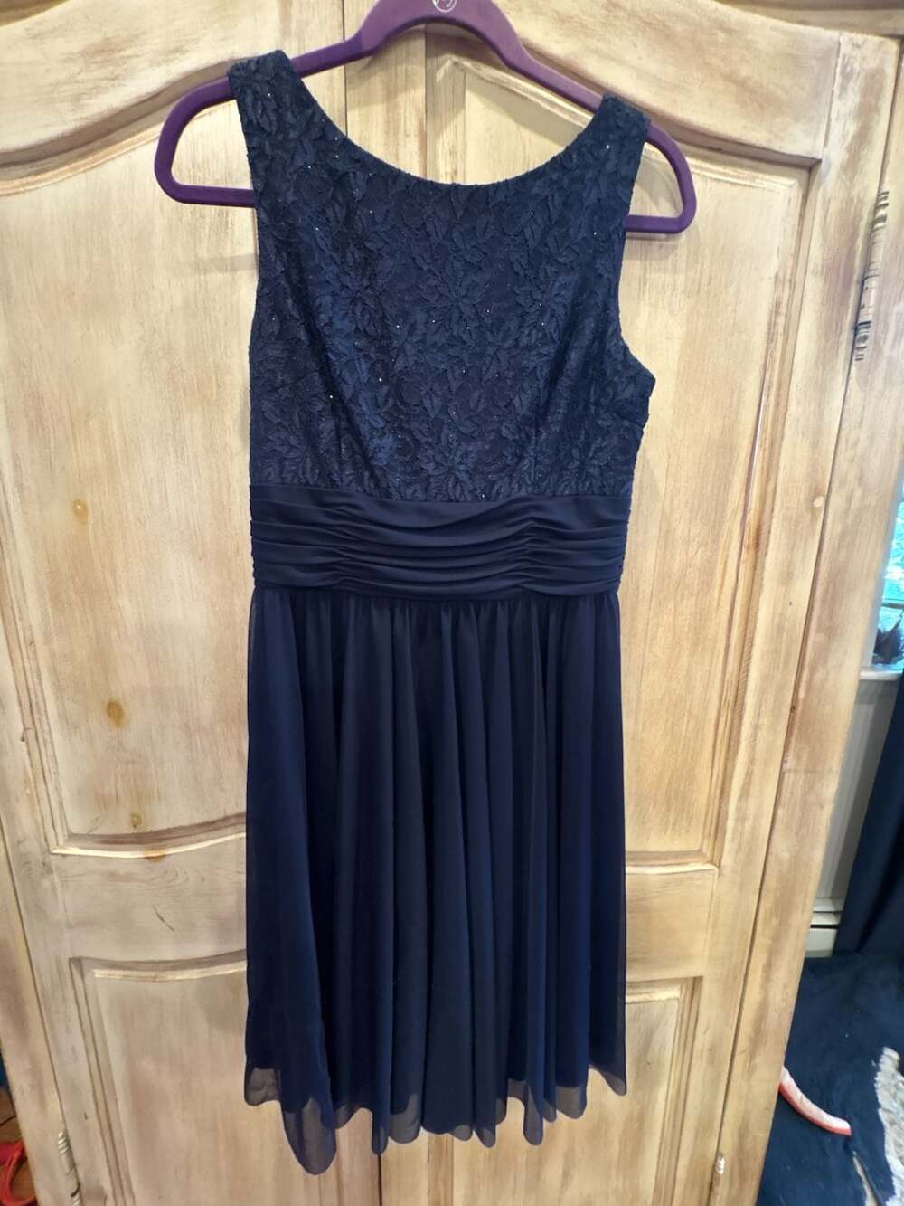 JH Evenings Dress Size 10 Navy Blue Lace Bodice Chiffon Midi Formal